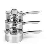Salter Timeless 3 Piece Saucepan Set - 16cm, 18cm, 20cm Stainless Steel Pans, Includes Tempered Glass Lids with Steam Vents, Induction Hob Cooking Pans, Dishwasher Safe, Scratch Resistant Finish