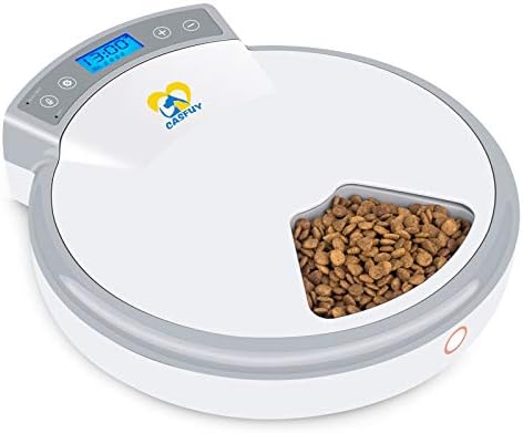 Casfuy 5-meals Automatic Cat Feeder - Auto Pet Feeder with Programmable Timer Dry and Wet Food Dispenser Voice Recorder & Speaker for Cat and Small Medium Dog Portion Control Dual Power Supply 5x240ml