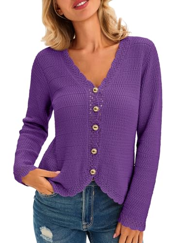 Image of Saodimallsu Womens V Neck Cardigan Sweaters Button Up Cropped Boho Knit Long Sleeve Loose Trendy Sweater Tops