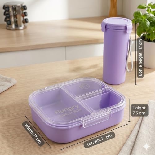 Image of Hungry Lunch Box with Water Bottle | Leakproof 3 Compartment Tiffin Box with Spoon, Fork & Sauce Container | BPA Free Food Grade Plastic | Microwave & Dishwasher Safe Lunch Box for School (Purple)