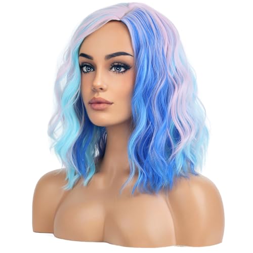 Image of BERON Pink and Blue Wigs for Womens Short Curly Wavy Wig Girls Colorful Side Part Wigs Shoulder Length Heat Resistant Synthetic Cosplay Party or Daily Use Wigs