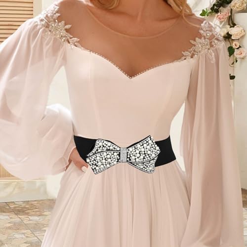 Elastic Pearl Belt Women Black Rhinestone Bow Tie Stretch Belts Sparkly Crystal Wide Waist Belts for Dress2