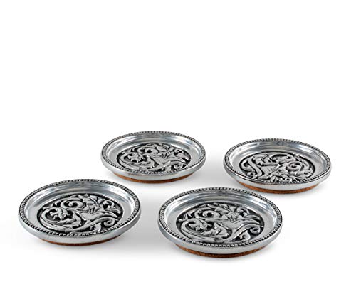 Arthur Court Aluminum Metal Western Concho Drink Coasters For Home Counters, Kitchen, Dining, Living Room, Patio, Coffee Table, Metal Holder Cork Padding Set Of 4 Stackable 4 Inch Diameter #TOP1
