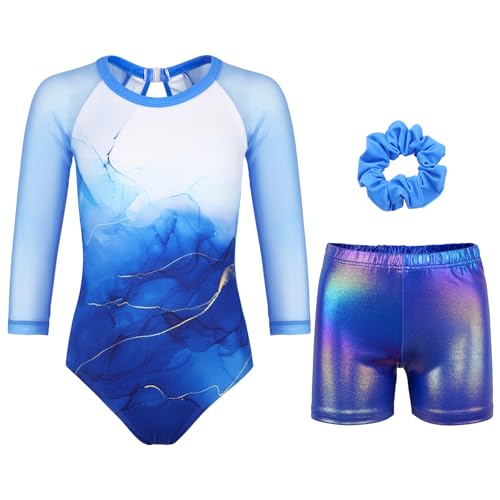 Gymnastics Leotards for Girls With Shorts Sparkly Ballet Dance Long Mesh Sleeve Simple Blue Set 12-13 Years