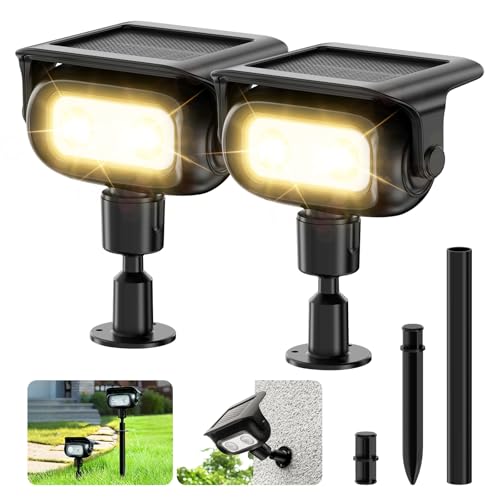 Smiling Shark ソーラーライト WS01【多角度調節可能・延長ポール付き・2WAY設置】高輝度ソーラースポットライト 高感度センサーライト 500LM 4モード切替 高耐久 HPBC高効率セル IP65防水 1200mAh 10時間連続点灯 取り付け簡単 地置き&壁掛け 屋外照明 外灯 ガーデン/駐車場/玄関/ベランダ 防犯対策 (2個入り, 暖光)