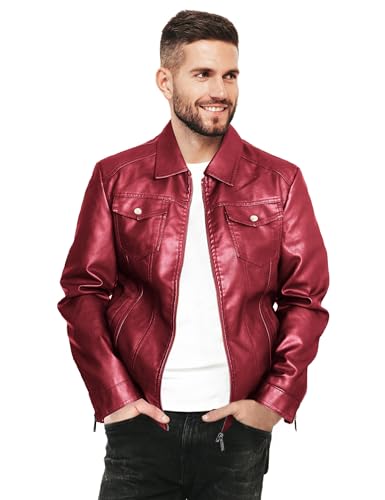Woameyr Mens Leather Jackets Casual Faux Leather Motorcycle Jacket Biker Vintage Outwear Red L