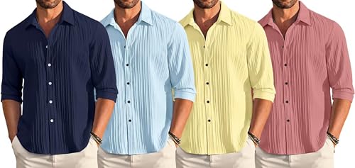 Image of FINIVO FASHION Combo of Men's Casual Cotton Plain Button Down Shirt Long Sleeve Textured Summer Beach Shirt for Men Pack of 4