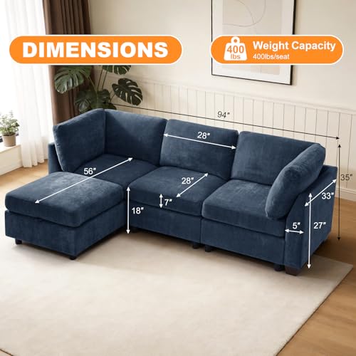 Image of TEKAMON 94 inch L Shaped Modern Sofa Modular Sectional Couch with Ottoman, 4-Seat Chenille Deep Seat Sofa for Living Room, Bedroom and Apartment, Blue