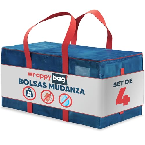 WRAPPYBAG lote de 4 bolsas grandes de almacenamiento de plástico   Bolsas XXL para mudanzas y viajes   Resistentes, gruesas e impermeables con asas reforzadas   Para ropa y ropa de cama   75x36x38 cm