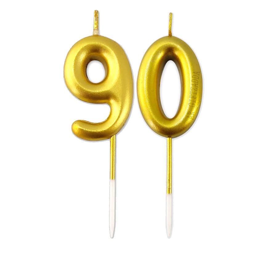 AR Giftzadda 90 Number Cake Topper Golden Chrome Candle for 90th Birthday/Anniversary Party Celebrations (90 Number Gold Chrome Candle)
