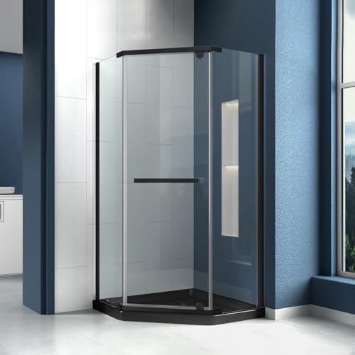 CKB Neo Angle Shower Door, 38” D x 38” D x 72” H, 1/4' (6mm) ANSI Tempered Glass with Easy Clean, Reversible, Pivot Corner Shower Glass Door with Towel Bar, Matte Black