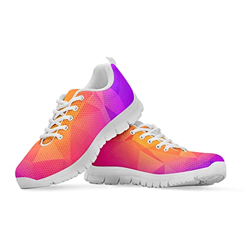 HUGS IDEA Freizeit-Sneakers, klassische Low-Top-Schnürschuhe, leichte Luftkissen-Schuhe, Doktor Hund Zähne Cartoon Muster, Orange-violette Geometrie, 44 EU