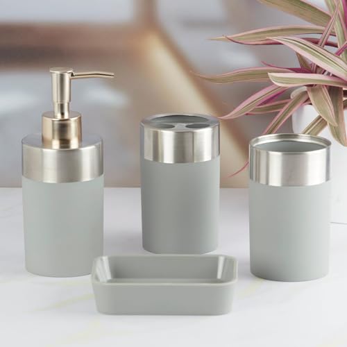Image of Kookee Acrylic Bathroom Accessories Set of 4, Modern Bath Set with Liquid handwash Soap Dispenser and Toothbrush Holder, Luxury Gift Accessory for Home (8344)