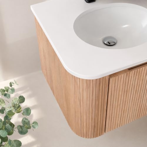 Image of 24 Inch Wall Mounted Bathroom Vanity with Ceramic Sink, Pre-Assembled Floating Vanity Cabinet with Marble Countertop, Wave Texture Finish & Drawer, Wood