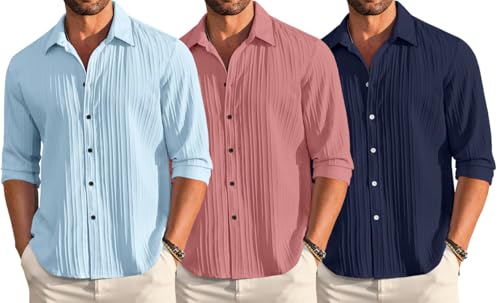 Image of FINIVO FASHION Combo of Men's Casual Cotton Plain Button Down Shirt Long Sleeve Textured Summer Beach Shirt for Men Pack of 3