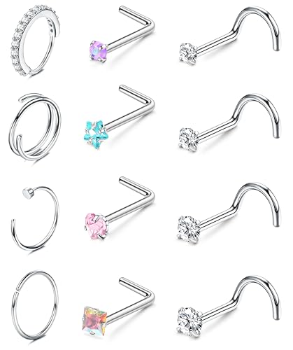 ORAZIO Nose Rings for Women - 14K Gold Filled Hypoallergenic Surgical Steel Nose Ring Hoops 20G Small Cute CZ Screw L Shaped Nose Studs Piercings Jewelry for Women Men 12Pcs S2