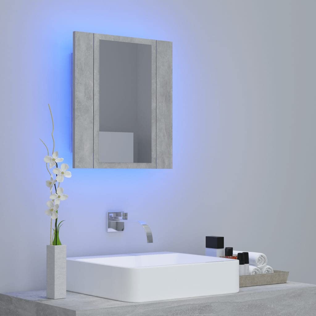 vidaXL Armario Espejo de Baño con Luz LED Acrílico Aseo Ducha Muebles Mobiliario Almacenamiento Estante Decoración Adorno Gris 40x12x45 cm