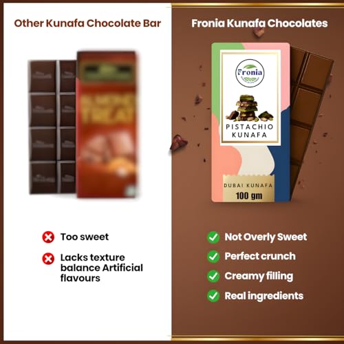 Image of Fronia Kunafa Chocolate Bar Dubai Style 100g | Pistachio Kunafa Dubai Chocolate Dessert | Milk Chocolate, Creamy Pistachios & Crunchy Kunafa Spread | Dubai Kunafa Chocolate Pistachio - 100g