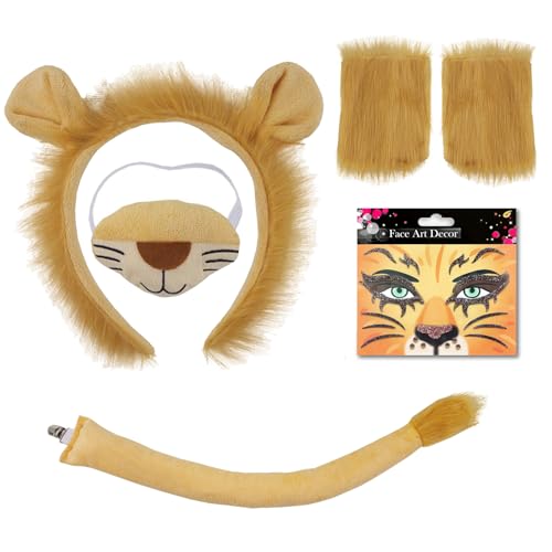 TUONYIS 5 Pezzi Costume da Re Leone,Fascia per Capelli Guanti Naso Coda Faccia Tuta Adesiva,Leone Costume kit di Accessori per Bambini Carnevale Fase Cosplay Natale Halloween(Arancione)