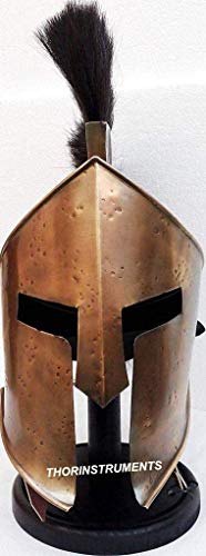 THOR INSTRUMENTS Medieval Armour King Leonidas Greek Spartan 300 Roman Helmet With Black Wooden Stand Black Plume Rustic Vintage Home Decor Gifts