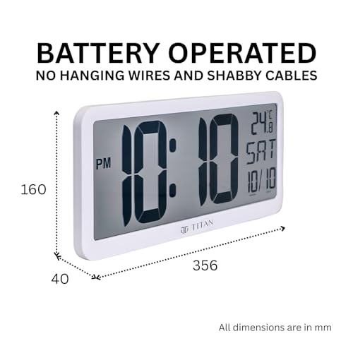 Image of Titan Large White Digital Wall & Table Clock | Big LCD Display | Day, Date & Room Temperature | Battery Operated | Modern Minimalist Design | 356x160mm | W0117PD02