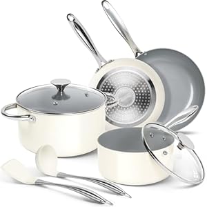 MICHELANGELO Ceramic Pots and Pans Set Non Stick – 8 Pcs Ceramic Cookware Set Non Toxic, Healthy Cooking Set with Ergonomic Handle, Oven Safe & Compatible with All Stovetops – Cream