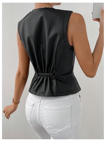 MakeMeChic Women's Vest Tops PU Leather Button Down V Neck Sleeveless Cropped Vest Blazer Waistcoat2