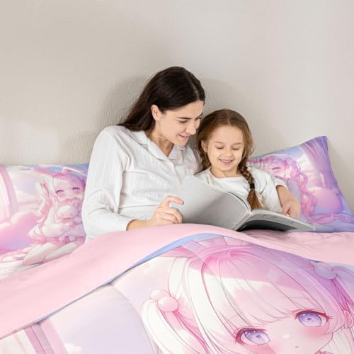 Image of Erosebridal Romance Girly Comforter Set for Kids Boys Girls Anime Girl Bedding Japanese Girl Duvet Set Cute Cartoon Bear Comforter Queen with 2 Pillowcases