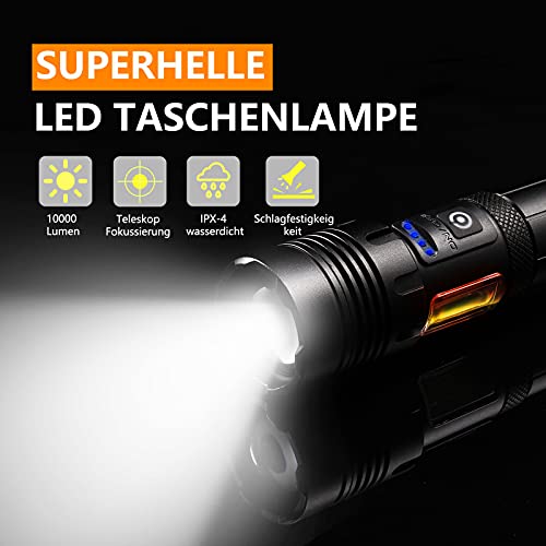 LED Torch with COB Work Light, Super Bright 10000 Lumens Torch, USB Rechargeable Tactical Torch, Waterproof 7 Modes Zoomable Hand Lamp for Camping Hiking (26650 Battery) - Image 6