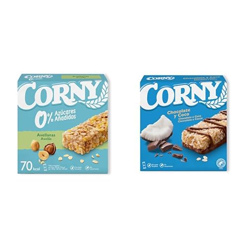Corny Barritas de Cereales 0% Azúcares Añadidos de Avellanas- Pack de 6x20gr + Corny - Barritas de Cereales con Chocolate y Coco, Sin aceite de palma ni Conservantes - Pack 6x25gr