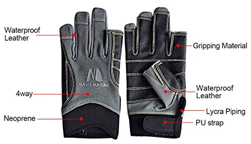 NAVIS MARINE Sailing Gloves for Men Women Rowing Boating Fishing Kayaking All Water Sports Perfect UV Protection Short Finger (2 Cut Black/Carbon,Large)