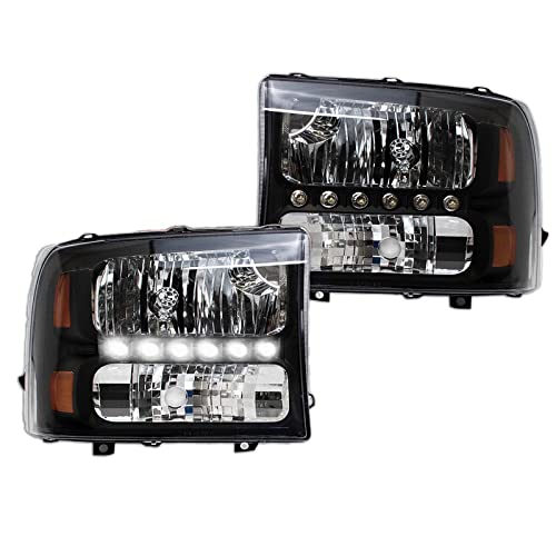 Image of TRQ 2 Piece Headlight Assembly Set Performance LED Daytime Running Lights Black Bezel Driver & Passenger Side Compatible with Ford Excursion 2000-2004 F250 F350 1999-2004 F450 F550 1999-2003