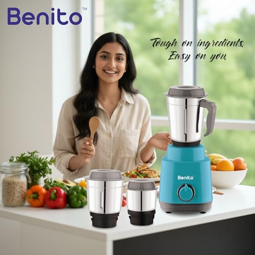 Image of Benito TURIN 550W Mixer Grinder with 3 Stainless Steel Jars | Heavy-Duty Shockproof ABS Body | Powerful Motor with High-Speed Grinding Technology | Elegant Green & Gray Finish | 1-Year Warranty