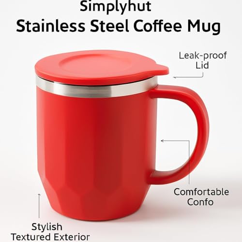 Image of Insulated Coffee Mug 350 ml - Leakproof Lid, Double Wall Stainless Steel Tea Mug, Cool Touch Outer, Travel Cup for Office & Car, Keeps Drinks Hot /Cold - Red