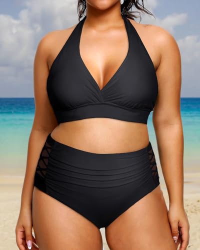 Yonique Womens Two Piece Plus Size Halter Bikini Swimsuits High Waisted Swimwear Tummy Control Bathing Suits Black 22Plus - Image 6