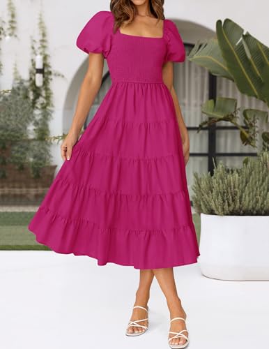 Image of ZESICA Women's 2026 Summer Puff Sleeve Midi Dress 2026 Boho Solid High Waist Flowy Beach Wedding Guest Long Dresses
