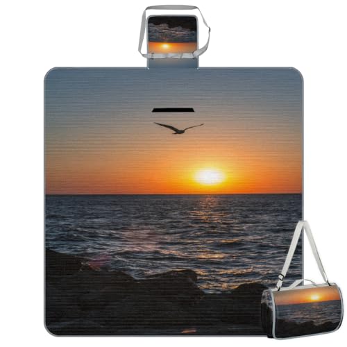 Shimoshe Picnic Blankets 57”x 59”, Ocean Seagulls Sunset Beach Waterproof Sandproof Picnic Mat Lightweight Foldable Beach Blanket for Camping Park Grass Beach Outdoor Blanket
