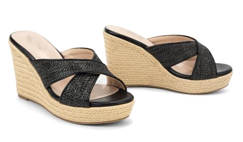 Image of Women's Wedge Platform Sandals - Stylish Raffia Woven Espadrilles Summer Sandals Women's Open Toe Buckle Ankle Wedge Heels