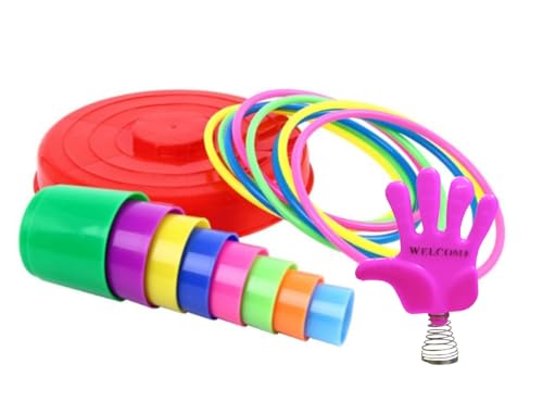 Image of VGRASSP Ring Toss Game Toy for Kids - Mini Quoits Ring Throwing, Stacking Indoor and Outdoor Game Set - 8 Cups with Spring Hand Figure, 8 Multicolor Rings, 1 Base - Color As Per Stock