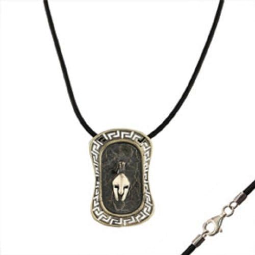 Sterling Silver Ancient Greek Warrior Shield and Helmet Pendant w/ Rubber Cord (36mm)