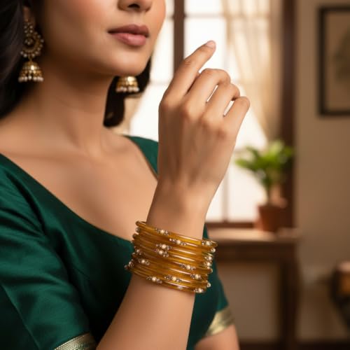 Image of SUNDRAM Women's Premium Fancy Glass Bangles for Women & Girls |with Zircon Gemstone Work & Charm| Traditional Ethnic Bangles Set of 12