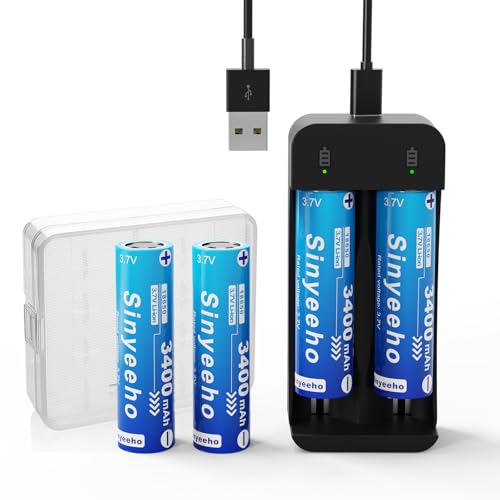 18650 Battery Charger Kit - 4 Pack 3400mAh Rechargeable Flat Top Batteries + Universal Charger for Flashlights, Headlamps