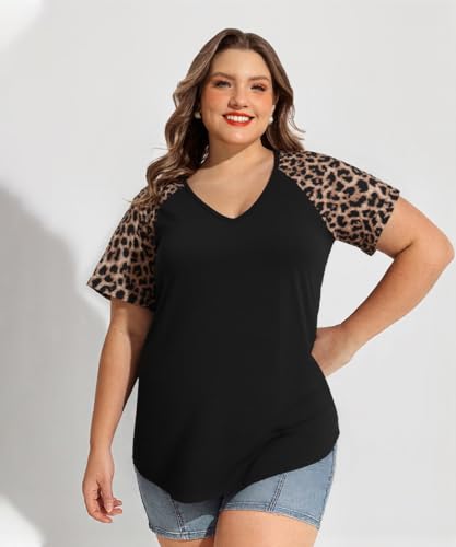 TIYOMI Plus Size Tops for Women Short Sleeve Color Block Raglan Sexy V Neck Shirts Tunic Spring Summer XL-5XL 14W-28W4