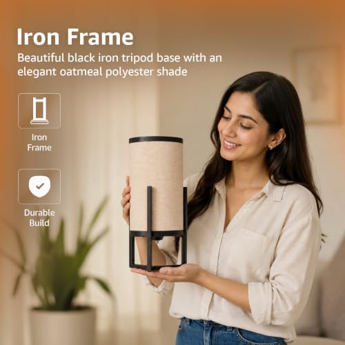 Image of Amazon Basics Minar Black Iron Frame Table Lamp | Iron Tripod Base with Polyester Shade | E27 Holder | Decorative Night Lamp for Bedroom, Living Room & Study Room | Home Decor Gift