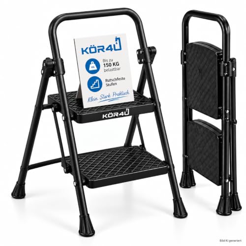 kör4u Trittleiter 2 Stufen, 150kg belastbar, klappbar, rutschfest, schwarz