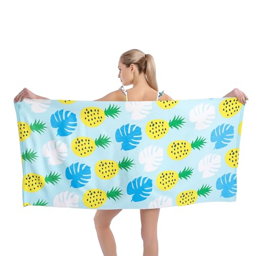 Auxory Microfiber Beach Towel Oversized Large Quick Dry Sand Free Yellow Pineapple Design 30×60 inch Beach Towels for Women Men Pool Swim Beach Essentials Accessories