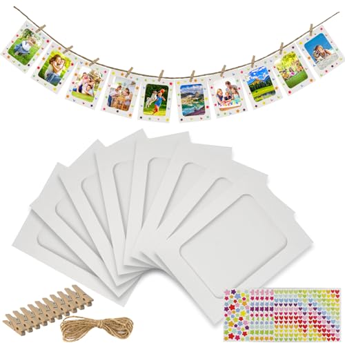 LEFIMOT 50 Pack Paper Picture Frames 4x6in, DIY Cardboard Photo Frames Hanging Display with 50 Clips and 5 Strings, Paper Photo Frame Art Display Frame with 12 Stickers for Wall Decor (White)