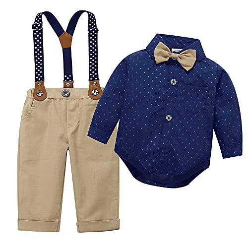 Image of HeMarIsle Baby Toddler Boy Formal Gentleman Suits,Dress Short Shirt With Bowtie+Suspender Pants Dressy Outfit