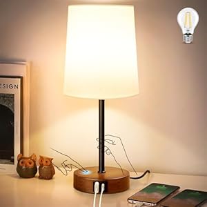 Modern USB & Type-C Bedside Lamp with Touch Control, Dimmable Table Lamp with White Fabric Shade Enhanced with Gold Threads, Includes LED Bulb – Ideal for Bedroom, Office, Dorm
