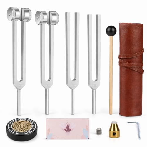 Tuning Forks for Healing Set, 128Hz 136.1Hz OM 256Hz 384Hz, Aluminum Alloy Sound Therapy Kit for Meditation, Yoga, Chakra Balancing and Reiki, Includes Mallet, Activator and Pouch